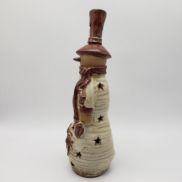 Stoneware Glazed 12" Brown Beige Country Snowman Star Cut Outs Tealight Holder - Picture 10 of 12